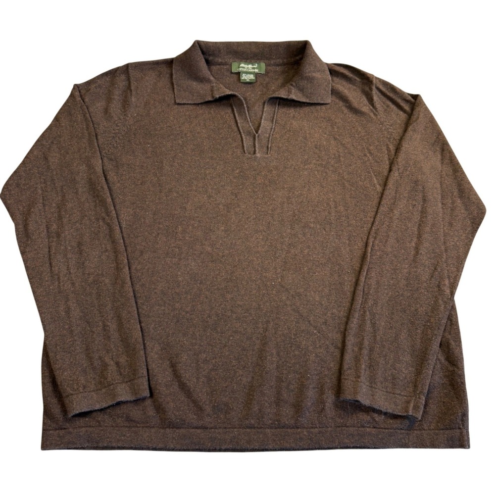 Eddie Bauer Classic Polo Cotton Cashmere Sweater Brown XL V-Neck Slim Fit Soft